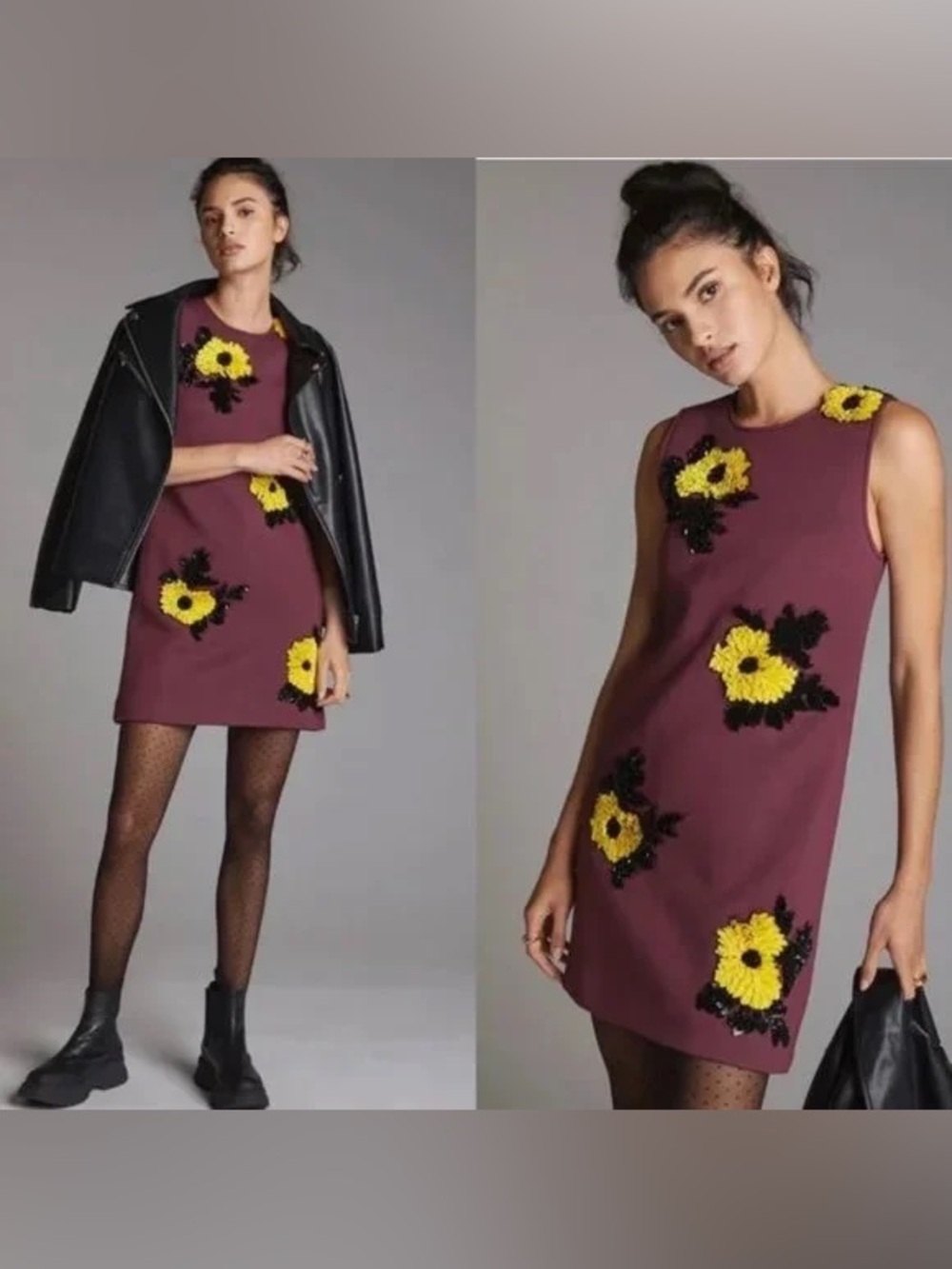 Anthropologie Dhruv Kapoor Dress Sequin Shift Mini Wine Floral Ponte Knit Sz Sm